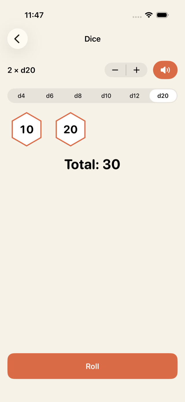 Two rolled d20 dice totaling fifteen