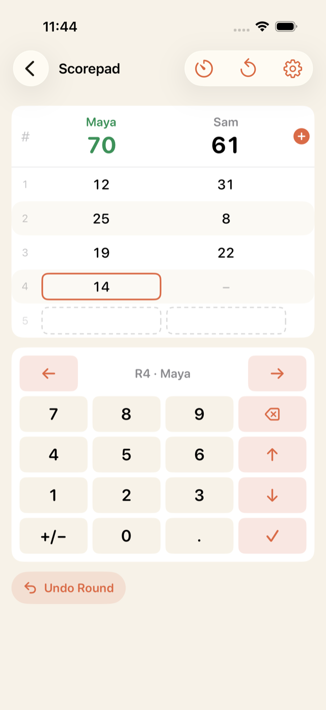 Scorepad screen: Maya and Sam three rounds in, totals running