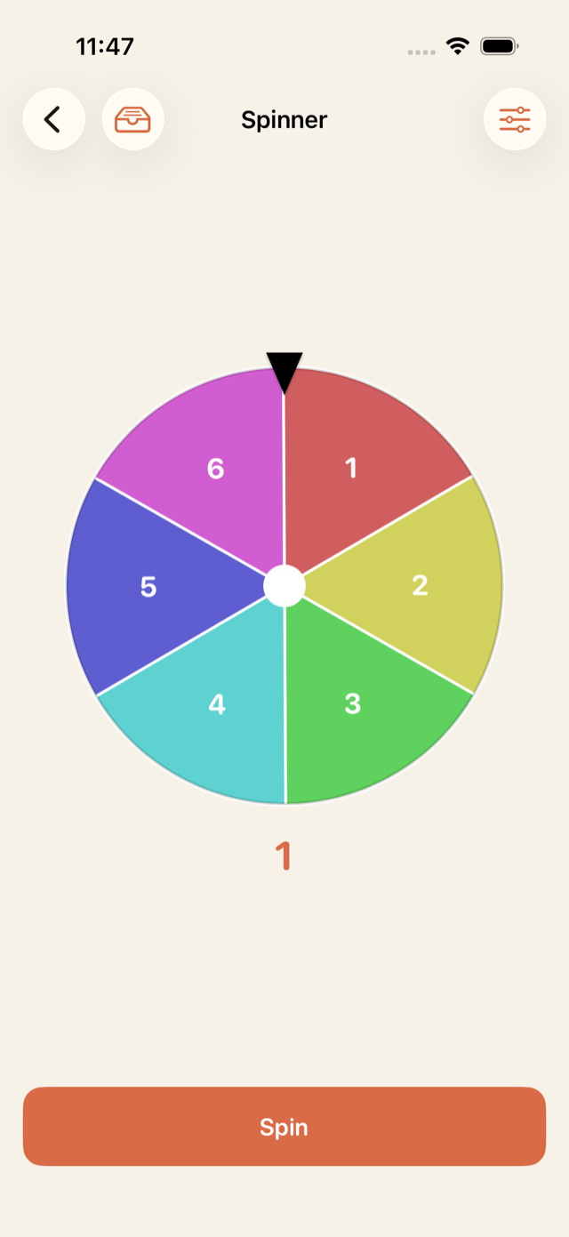 Colorful six-wedge spinner landing on six