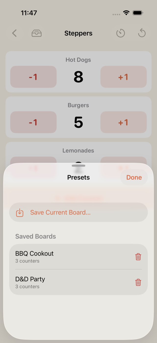 Saved boards sheet with D&D Party and BBQ Cookout presets