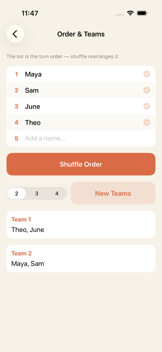 Order and Teams screen dealing four names into two teams